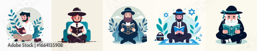 Cartoon Style Flat Illustration Orthodox Jewish Man Reading Book Collection