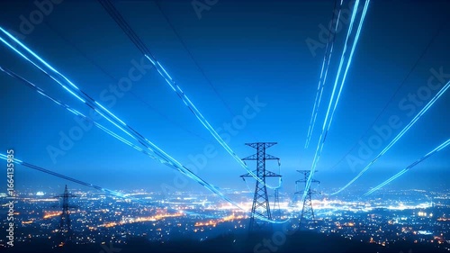 High-voltage electricity pylons with glowing power lines over a city at night