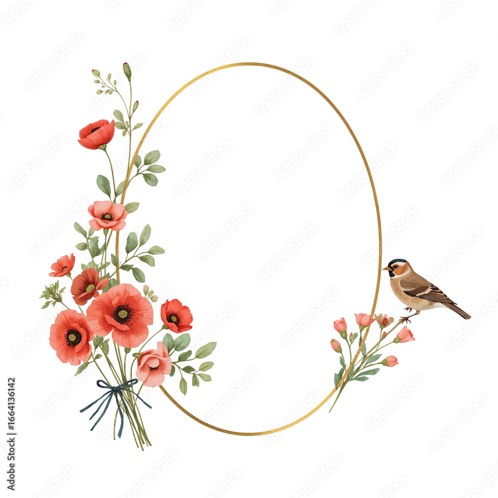 Naklejka premium Elegant floral and bird arrangement within an oval frame for refined aesthetic design
