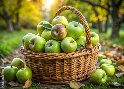 Abundant harvest of fresh green apples piled high in a woven basket outdoors