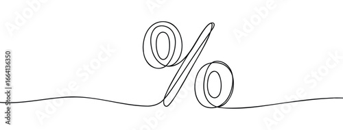 Minimalist continuous line drawing of percentage symbol, representing finance, discount, interest rate, statistics, and economic calculation
