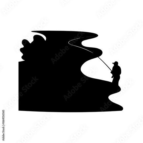 Silhouette of a lone fisherman casting a line in a still lake