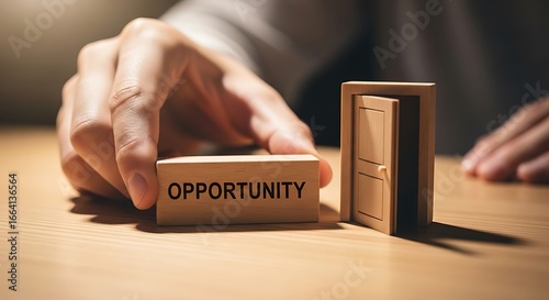 A hand positions a wooden block labeled 