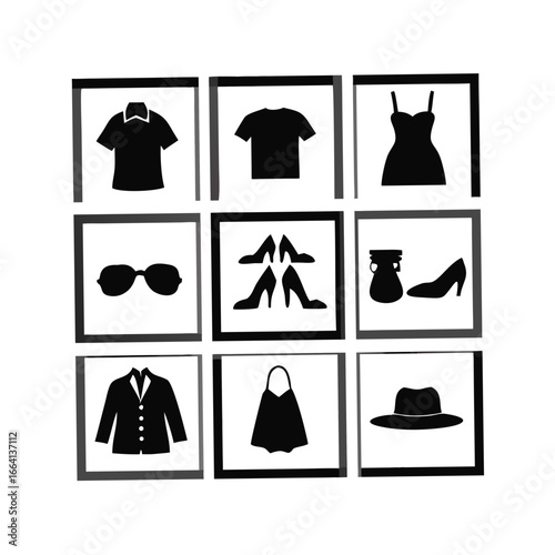 A curated collection of fashion icons presented in a grid of nine squares showcasing diverse clothing and accessories for a stylish wardrobe ensemble