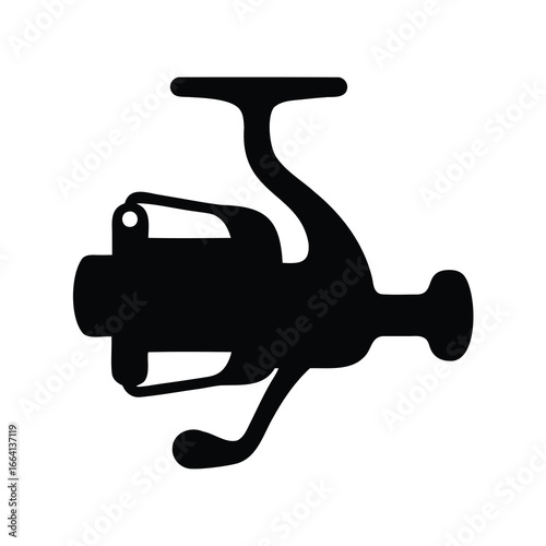 Black silhouette of a spinning fishing reel on a white background
