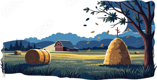 Utumnal hay bales and falling leaves, rural farm scene, harvest season