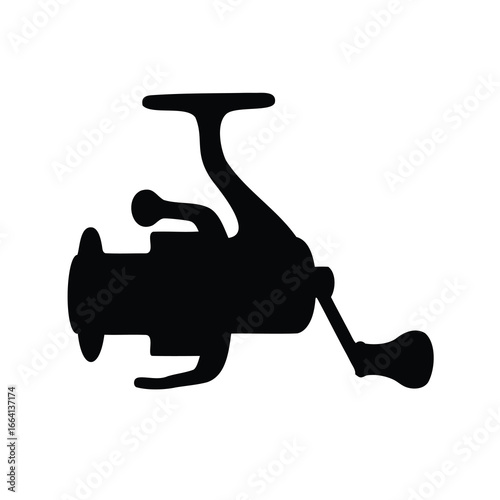 Black silhouette of a spinning reel with handle on white background