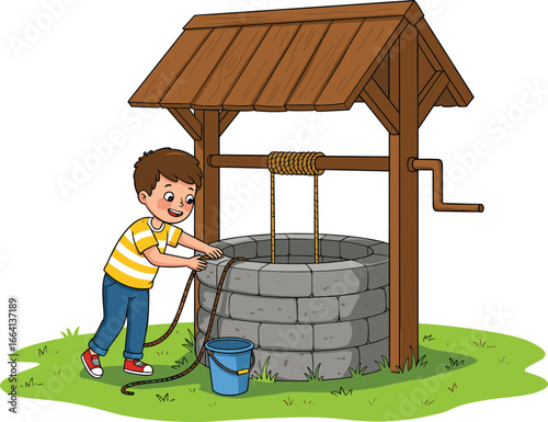 Cartoon boy drawing water from well, child outdoor activity, playful kid with bucket, water well scene, rural life illustration, happy child learning nature.