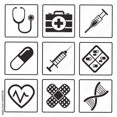 A collection of nine medical icons presented in a grid format featuring a stethoscope first aid kit thermometer capsule syringe pill pack heartbeat bandages and dna helix
