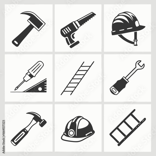 A collection of nine black and white graphic icons representing various construction and diy tools and safety equipment including hammers saws helmets screwdrivers ladders and wrenches