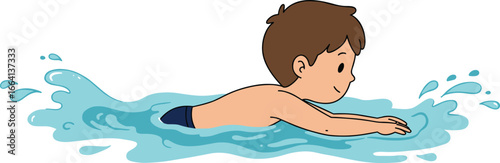 Cartoon boy swimming in water, child learning to swim, swimming pool activity for kids, water splash motion, aquatic child sport, healthy exercise illustration.