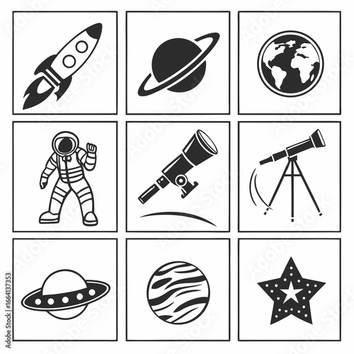 A collection of nine black and white graphic icons representing space exploration featuring a rocket saturn earth an astronaut telescopes a ufo a planet and a star