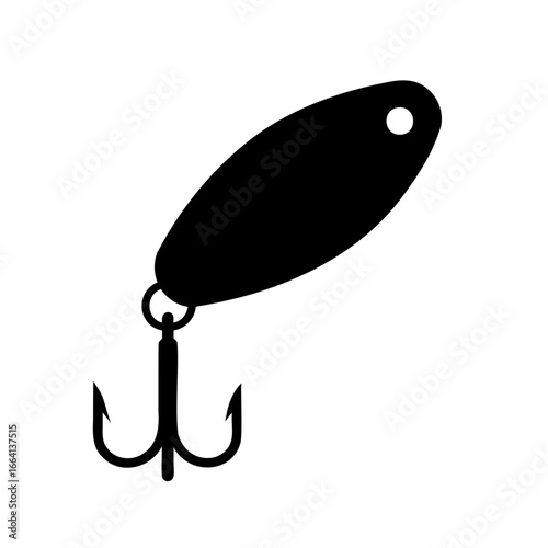 A Black Silhouette of a Fishing Lure with Hook on White Background