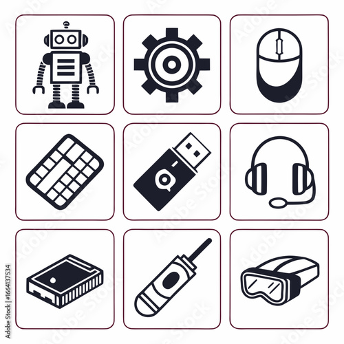 Collection of nine modern flat design icons representing technology and gaming including a robot gear computer mouse keyboard usb drive headset hard drive stylus and vr goggles