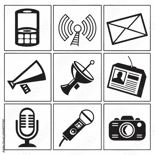 A grid of nine black and white icons representing communication and media technologies including a mobile phone radio tower envelope megaphone satellite dish id badge microphone and camera