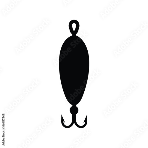 Stylized silhouette of a fishing lure with a treble hook and eyelet