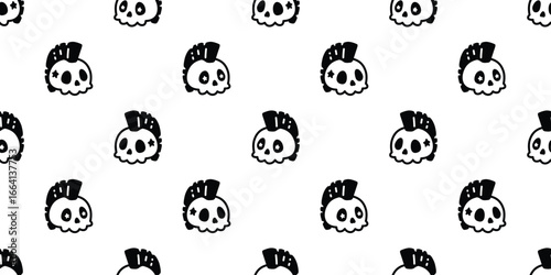 skull seamless pattern Halloween punk star mohawk hairstyle ghost spooky crossbones vector cartoon doodle gift wrapping paper tile background repeat wallpaper scarf isolated devil evil illustration de