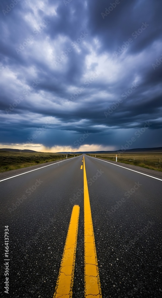 Naklejka premium Empty Highway Stretching Under Dramatic Storm Clouds.