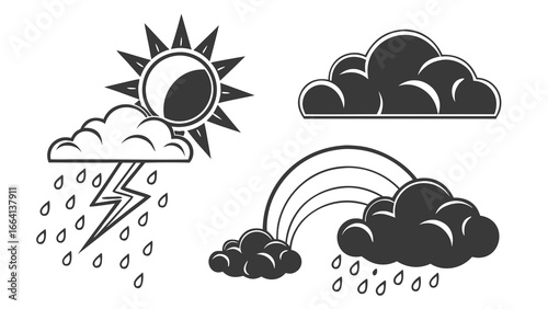 Stylized weather icons featuring a sun with a stormy cloud lightning rain a separate cloud and a rainbow emerging from clouds with rain