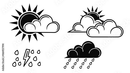 Collection of stylized black and white weather icons featuring sun and clouds partly cloudy sun rain with lightning and heavy rain from a dark cloud