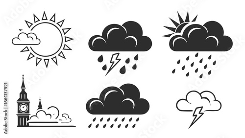 A collection of weather icons depicting sunshine with clouds heavy rain with lightning partly cloudy with rain and sun a clock tower with clouds and a rain cloud with lightning