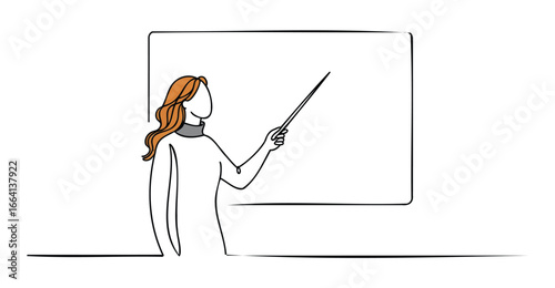 Minimalist continuous line drawing of woman instructor pointing at blank board, symbolizing teaching, guidance, education, and explanation