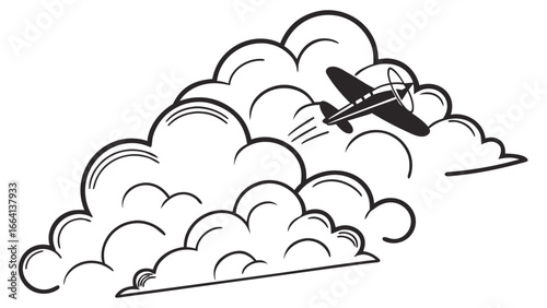 A vintage propeller airplane soars through a sky filled with stylized cartoonish clouds conveying a sense of adventure and freedom