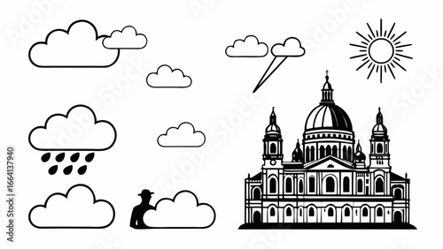 Collection of weather icons and a silhouette of a grand cathedral building with a man hiding behind a cloud on a white background