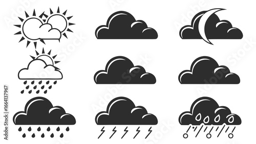 Collection of weather icons depicting various atmospheric conditions including sunny with clouds rain thunderstorms and a crescent moon behind clouds at night