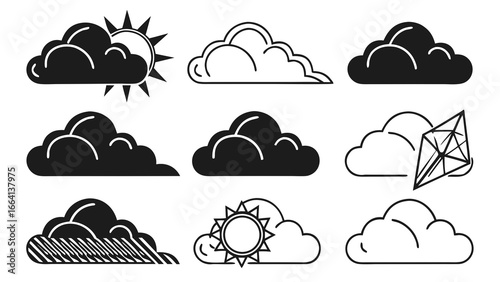 Collection of stylized cloud icons representing various weather conditions including sunshine partly cloudy rain and a kite flying in the sky