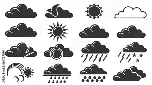 A collection of weather icons featuring various cloud formations sun symbols rain lightning and a crescent moon indicating different atmospheric conditions and forecasting elements