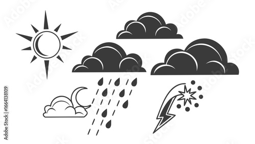 Collection of weather icons including a bright sun dark clouds falling rain crescent moon with a cloud and a shooting star with lightning and dots