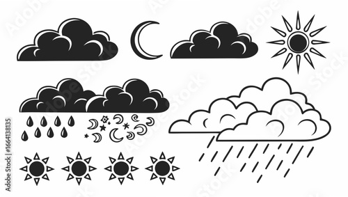 Collection of stylized black and white weather icons including sun moon stars and rain clouds representing different atmospheric conditions and celestial bodies