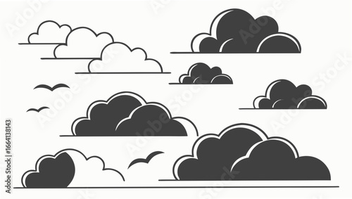 Stylized graphic illustration of fluffy cumulus clouds and silhouette birds flying against a clean white background in a simple cartoon style