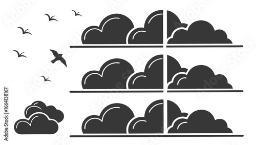 Stylized dark gray clouds and flying birds arranged in a modern graphic design composition against a clean white background