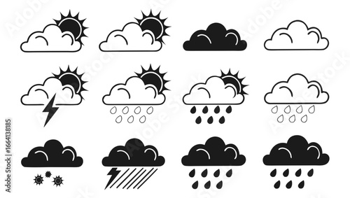 A collection of twelve simple weather icons depicting various meteorological conditions including sunny and cloudy skies rain thunderstorms and hail with both outlined and solid fill styles