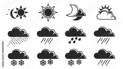 A collection of twelve weather icons representing various meteorological conditions including sun moon clouds rain and snow in a clear graphic style