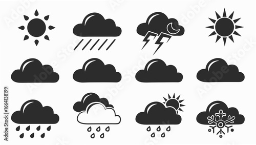 A collection of weather icons including sun rain lightning clouds and a snowflake representing different meteorological conditions and forecasts