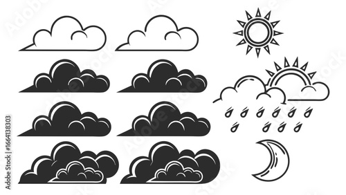 Collection of stylized weather icons including various cloud shapes sun rain and crescent moon presented in a clean graphic vector art style on a white background