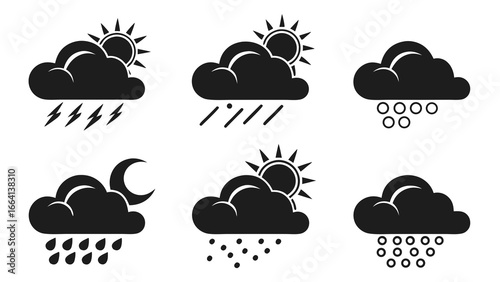 Collection of six black weather icons representing different atmospheric conditions including sunshine with rain thunderstorms light rain cloudy night with rain sleet and hail