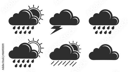 Collection of weather icons depicting various meteorological phenomena including sunshine rain thunderstorms and overcast conditions presented in a clean modern and graphic style