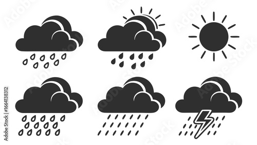 Collection of simple black and white weather icons depicting various conditions like sun rain partly cloudy with rain and stormy weather with lightning and rain