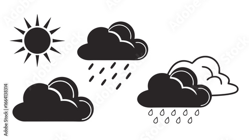 Stylized black and white icons depicting weather conditions including a bright sun rain clouds and falling raindrops against a clean white background