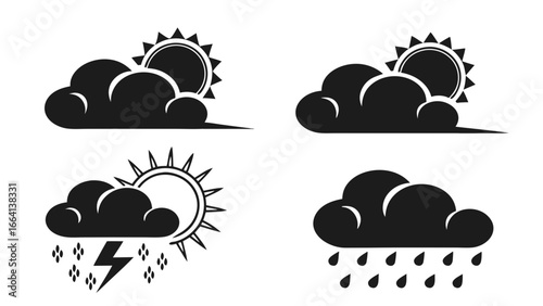 Set of four black weather icons depicting sun behind clouds partly cloudy conditions a thunderstorm with lightning and rain and a rain cloud with falling raindrops on a white background