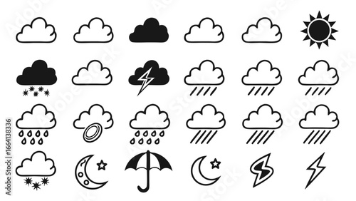 A collection of hand drawn weather icons featuring clouds sun lightning rain snow moon star and an umbrella representing diverse meteorological conditions and forecasts