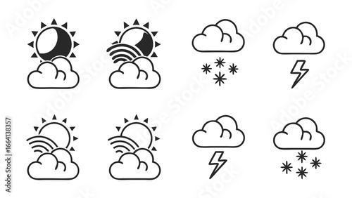 Collection of eight stylized weather icons featuring sun behind clouds sun with rainbow and clouds clouds with snowflakes and clouds with lightning bolts in a simple line art style