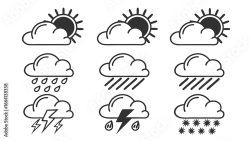 A collection of nine simple line art icons representing various weather conditions including partly cloudy sunny days rain thunderstorms and snow on a white background
