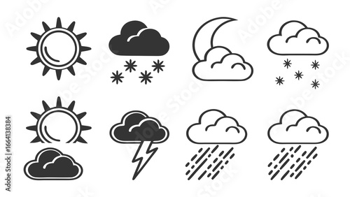 Collection of weather icons including sun clouds snow moon rain and lightning representing different atmospheric conditions and forecasts for weather applications