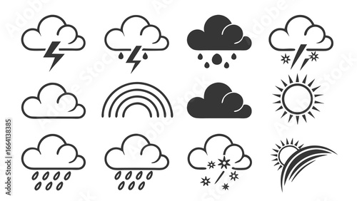 A collection of weather icons including lightning rain snow clouds a rainbow and the sun presented on a clean white background