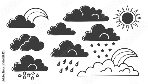 A collection of hand drawn weather icons featuring fluffy clouds a bright sun a crescent moon rain drops and a colorful rainbow arc over a cloud